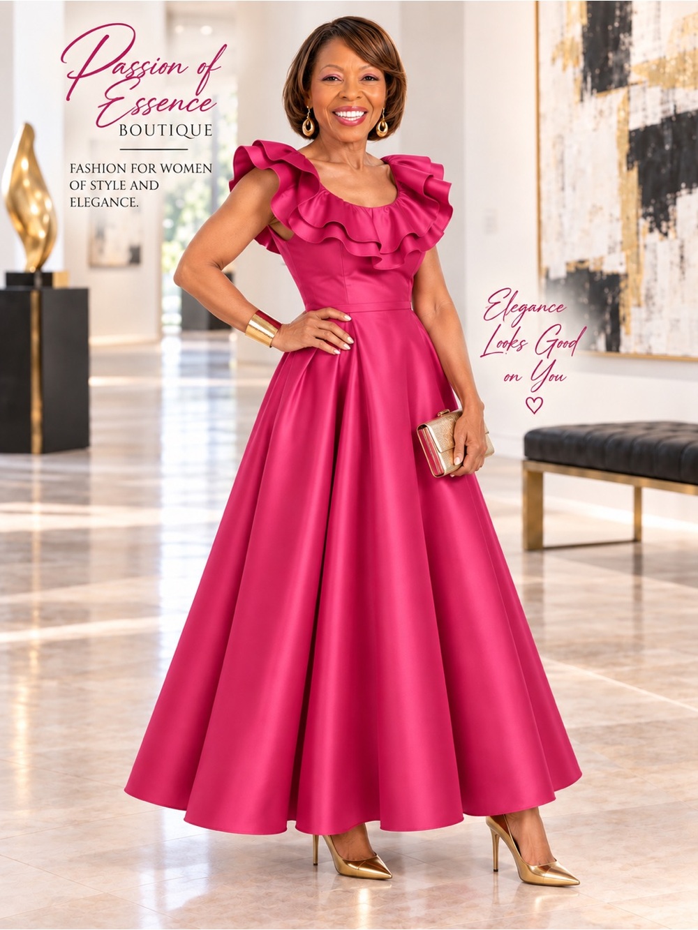 Fuchsia Satin Ruffle Maxi Dress Formal Special Occasion Plus Size 0XL/1X